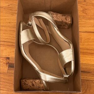 Anthropologie Gold & Cork Heel Sandals
